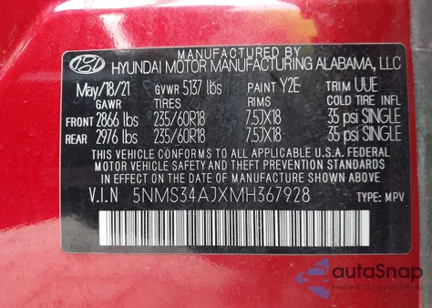 2021 Hyundai Santa Fe Sel from USA, damaged, VIN 5NMS34AJXMH367928